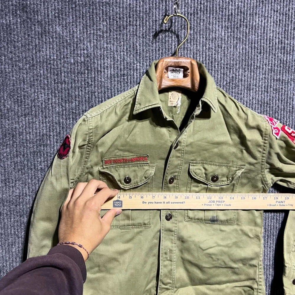 Vintage Boy Scouts of America Shirt Boys M Green Patch Long Sleeve Uniform 60s